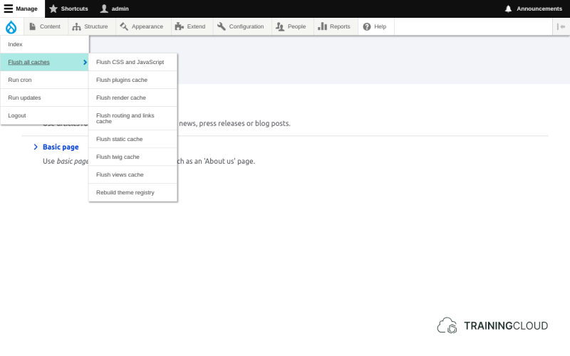 A screenshot of a Drupal 10 site with the flush cache option being displayed in the Administration Quick Menu
