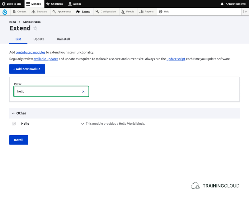 A screenshot of the Drupal 10 extend page highlighting a custom module that has been installed..
