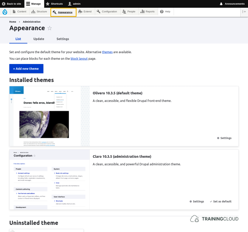 A screenshot of the Drupal 10 appearance page showing the installed and uninstalled themes.