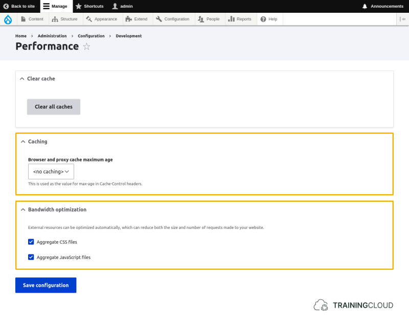 A screenshot of the Drupal 10 performance settings page with the Cashing and Bandwidth optimization settings highlighted.