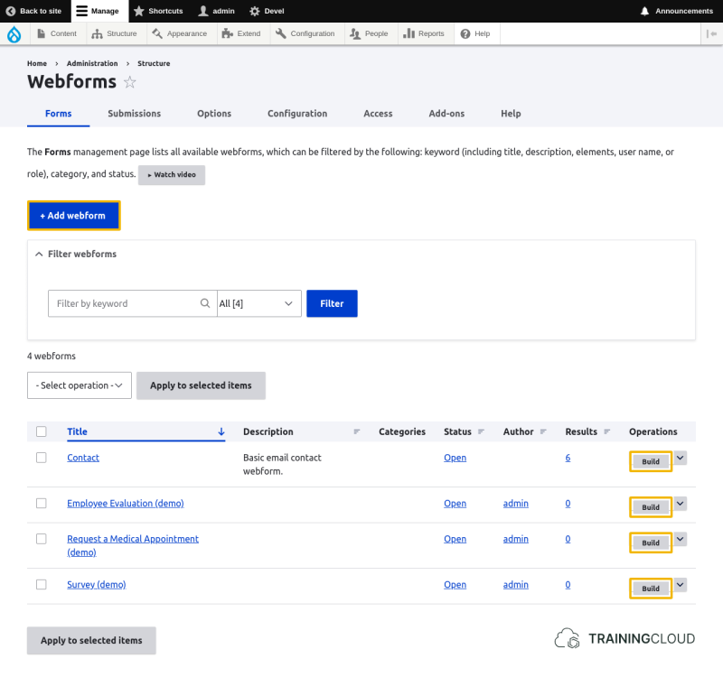 A screenshot of the Drupal 10 webform page with the options to add a webform and build existing webforms highlighted.
