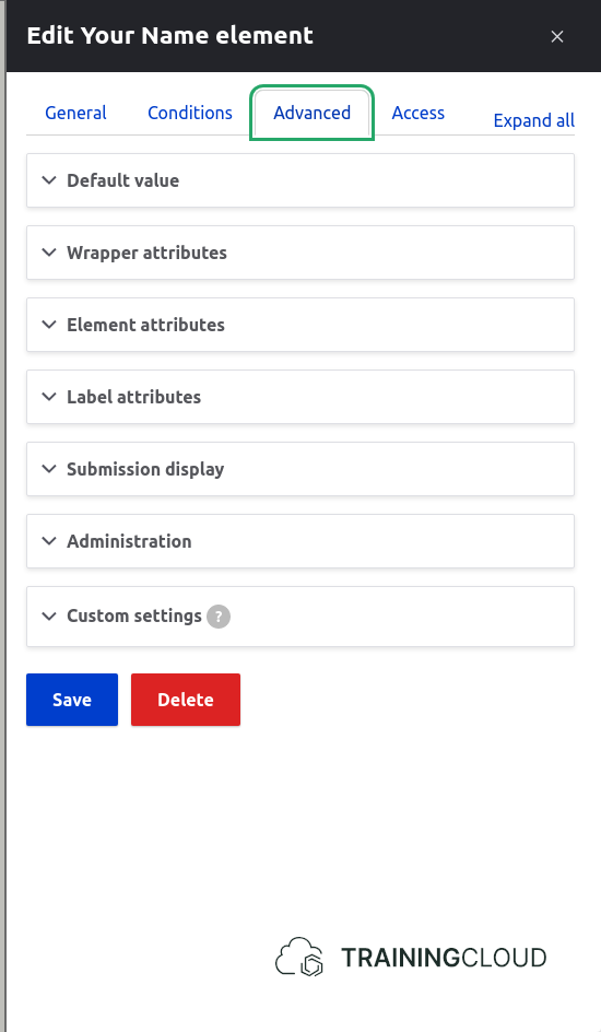 A screenshot of the advanced options for editing a text field in a webform in Drupal 10.