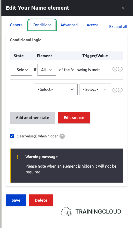 A screenshot of the conditional settings options for editing a text field in a webform in Drupal 10.