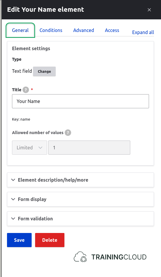 A screenshot of the general settings local task for editing a text field in a webform in Drupal 10.