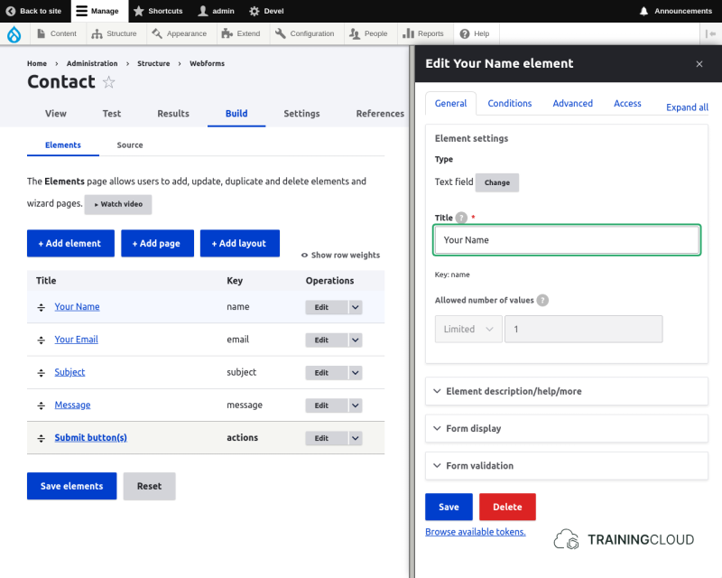 A screenshot of the build options for a text field in a webform in Drupal 10.