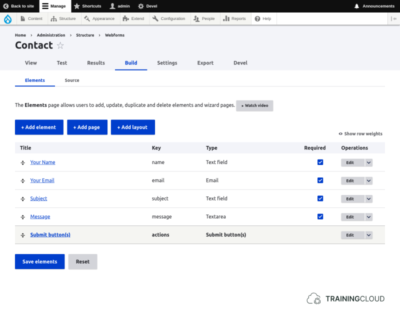 A screenshot of the form build page using the webform module in Drupal 10.