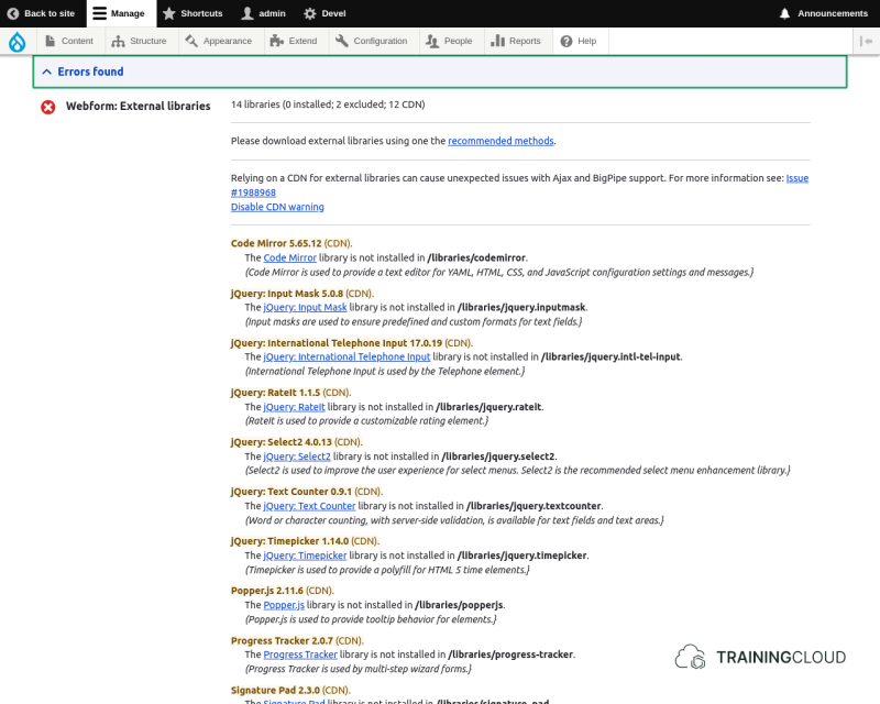 A screenshot of the Drupal 10 Status Report page showing an error with the webform module.