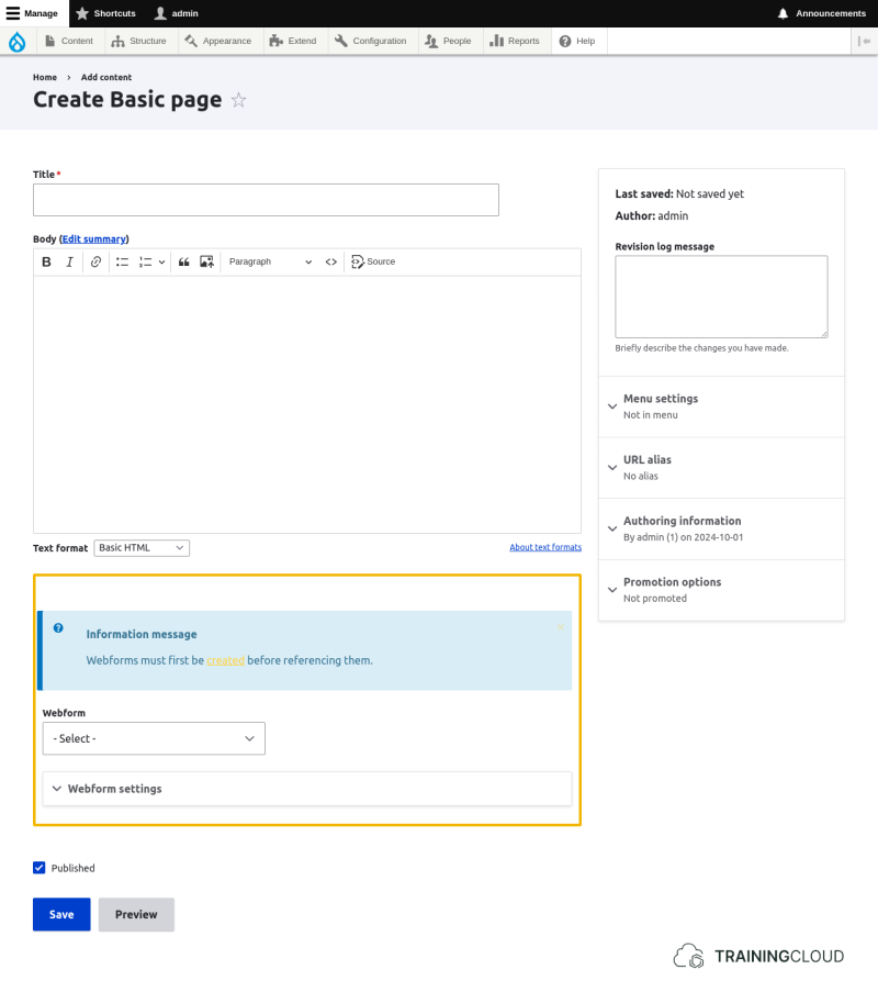 A screenshot of the basic page creation page with the option to add a referenced webform highlighted.