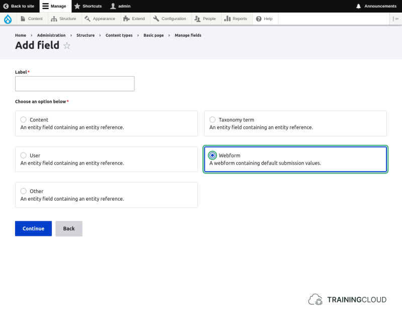 A screenshot showing the options to add a field to a basic page, highlighting the options to add a webform reference field.