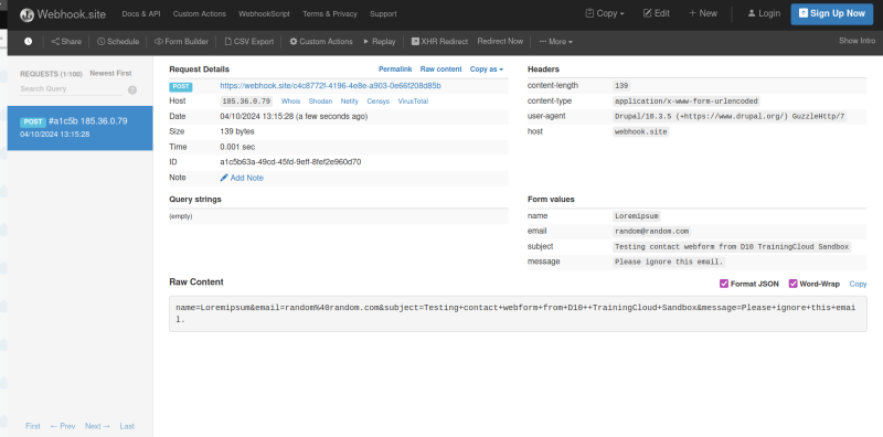 A screenshot of a remote http post inspection tool (webhook.site).