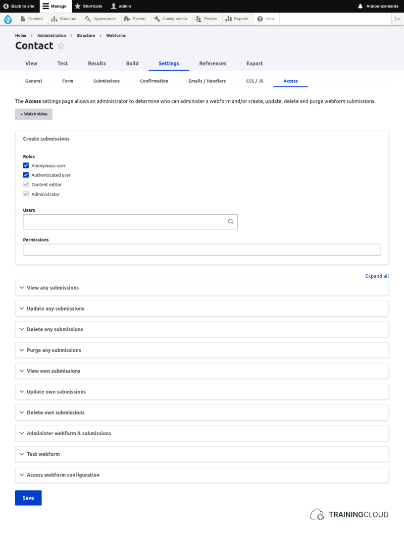 A screenshot of a Drupal 10 webforms Access Settings page.