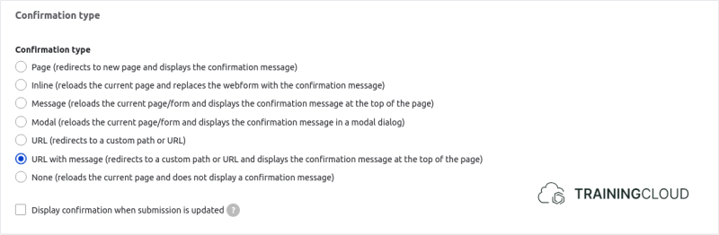 A screenshot of a Drupal 10 webform confirmation settings page displaying the confirmation type settings.