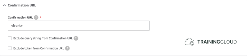 A screenshot of a Drupal 10 webform confirmation settings page displaying the confirmation URL settings.