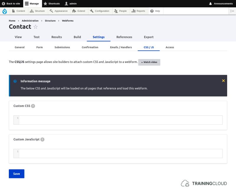A screenshot of a Drupal 10 webform CSS/JS Settings page.