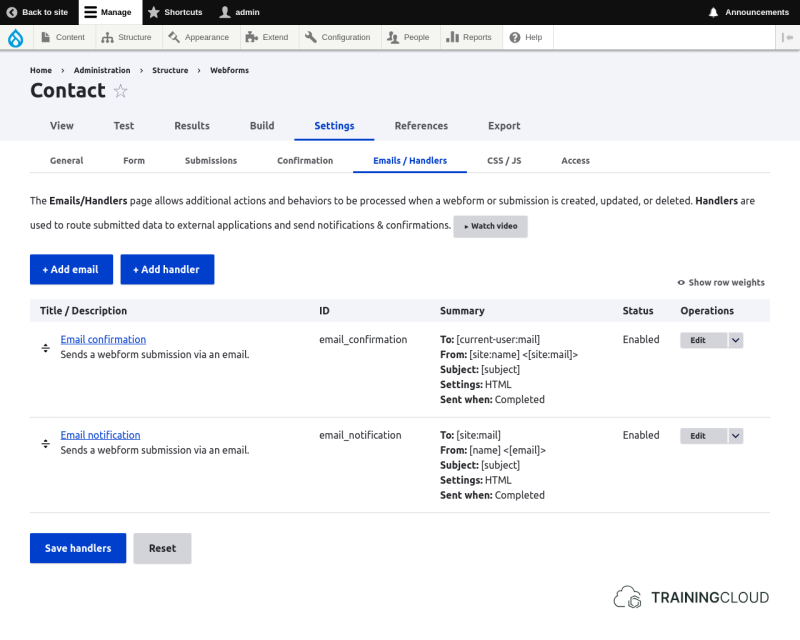 A screenshot of a Drupal 10 contact webform Email/ Handlers settings page.