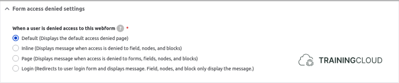 A screenshot of a Drupal 10 webform form settings page displaying the form access denied settings.