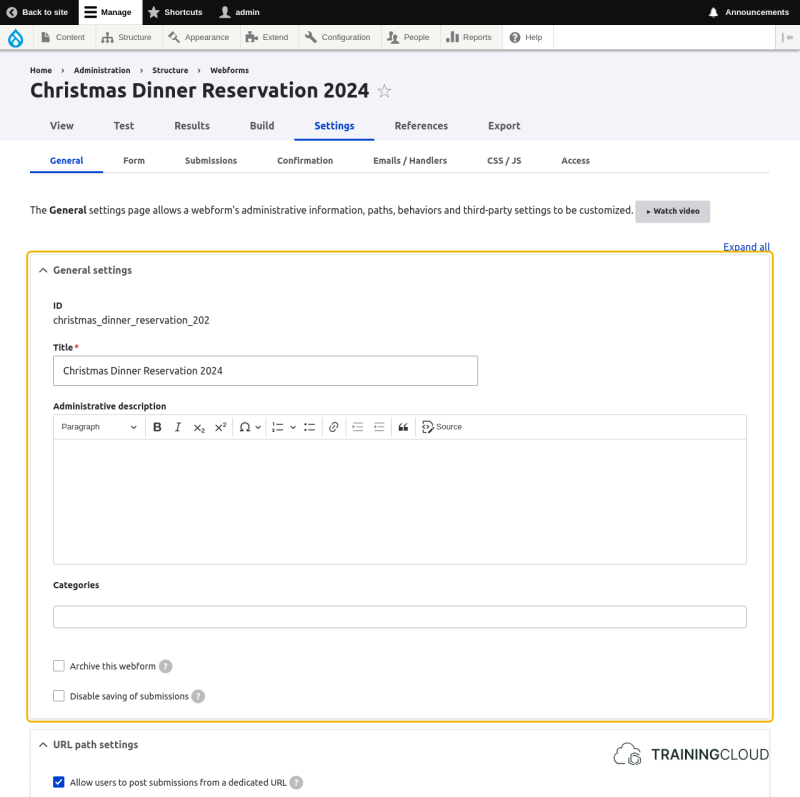 A screenshot of a Drupal 10 webform settings page, on the General local task, with the general settings highlighted.