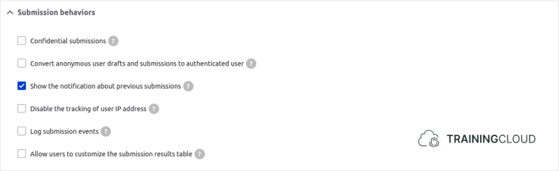 A screenshot of a Drupal 10 webform submission settings page displaying the submission behaviour settings.