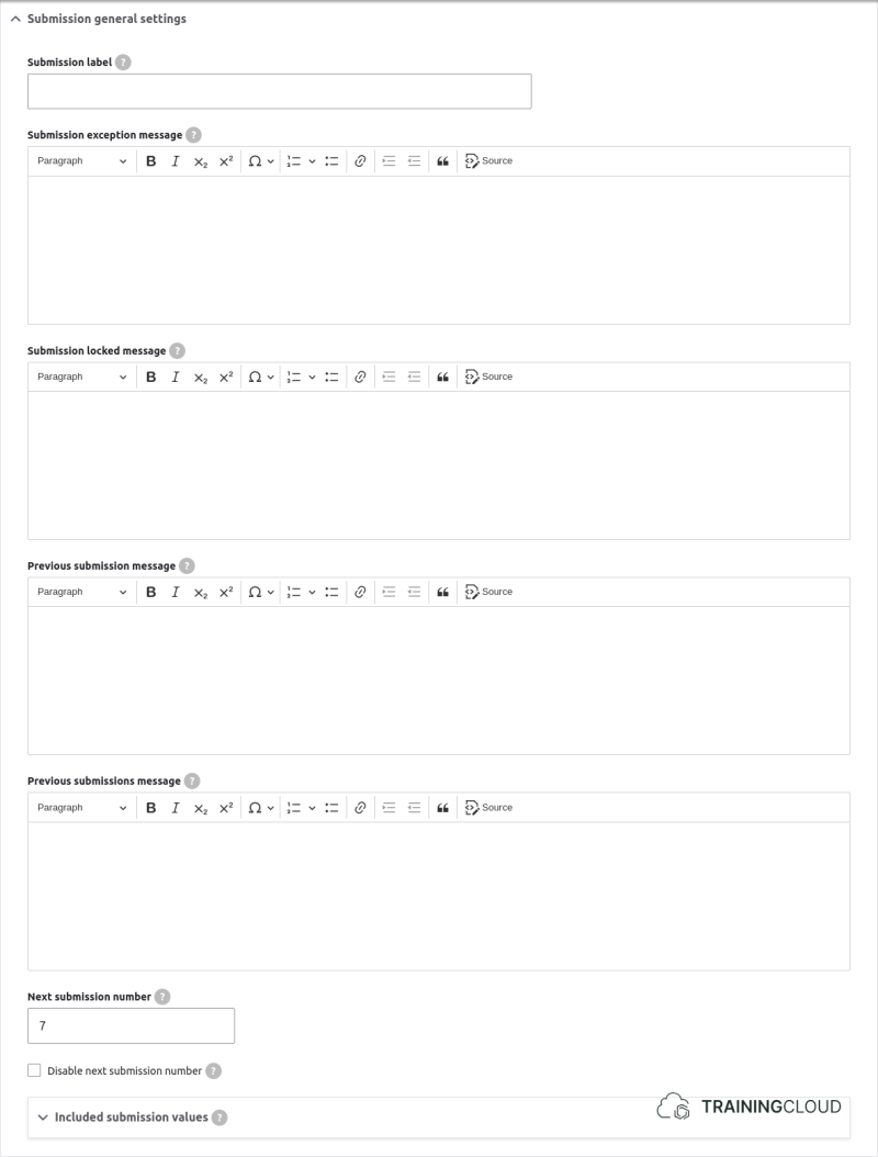 A screenshot of a Drupal 10 webform submission settings page displaying the submission general settings.