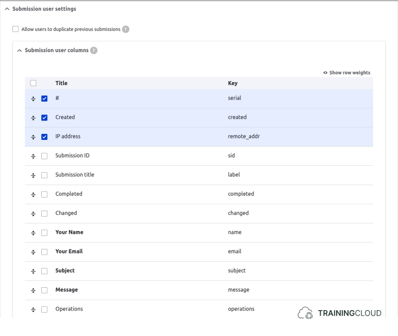 A screenshot of a Drupal 10 webform submission settings page displaying the submission user settings.