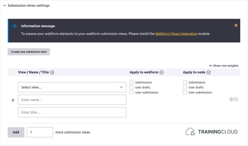A screenshot of a Drupal 10 webform submission settings page displaying the submission views settings.