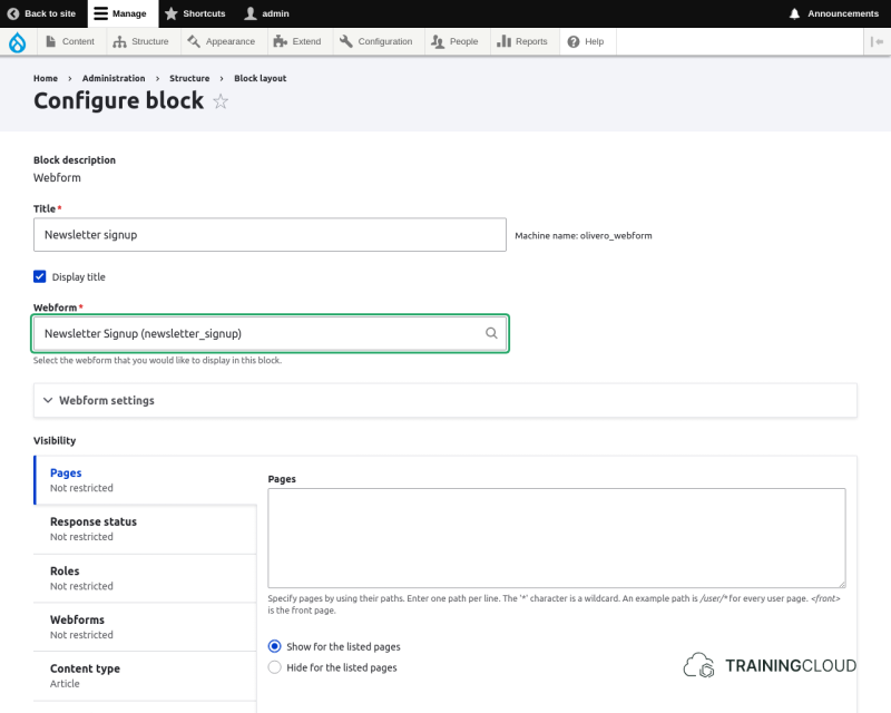 A screenshot of the block configuration settings for a webform block in Drupal 10.
