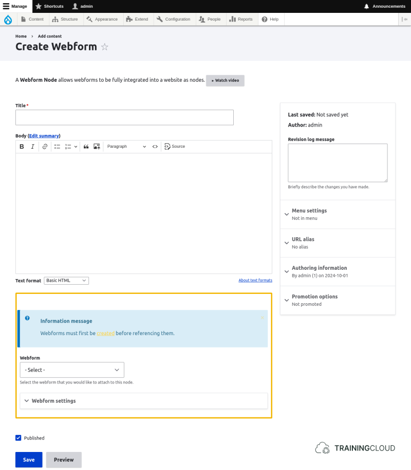 A screenshot of the creation page of a Drupal 10 webform node. 