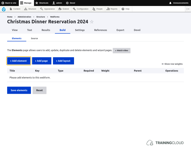 A screenshot of a Drupal 10 webform build page with the option to Add an Element highlighted.