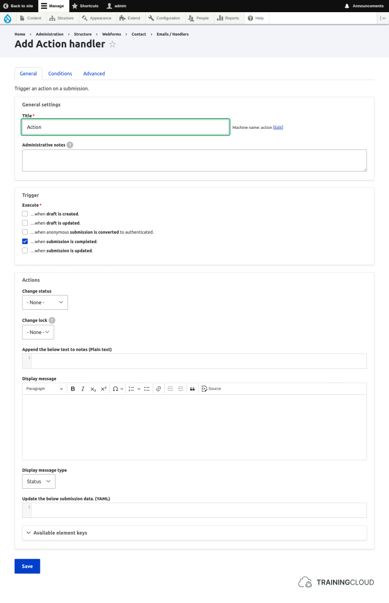 A screenshot of the Add Action handler settings in a Drupal 10 webform.