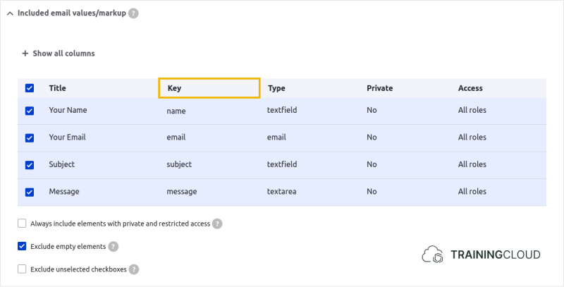 A screenshot of a Drupal 10 webform email/handlers settings page displaying the Included email values/markup options.