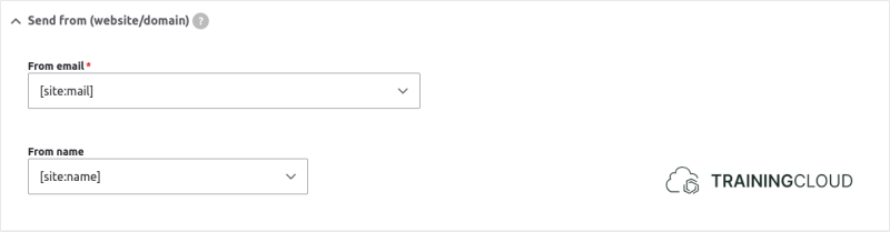 A screenshot of a Drupal 10 webform email/handlers settings page displaying the Send From options.