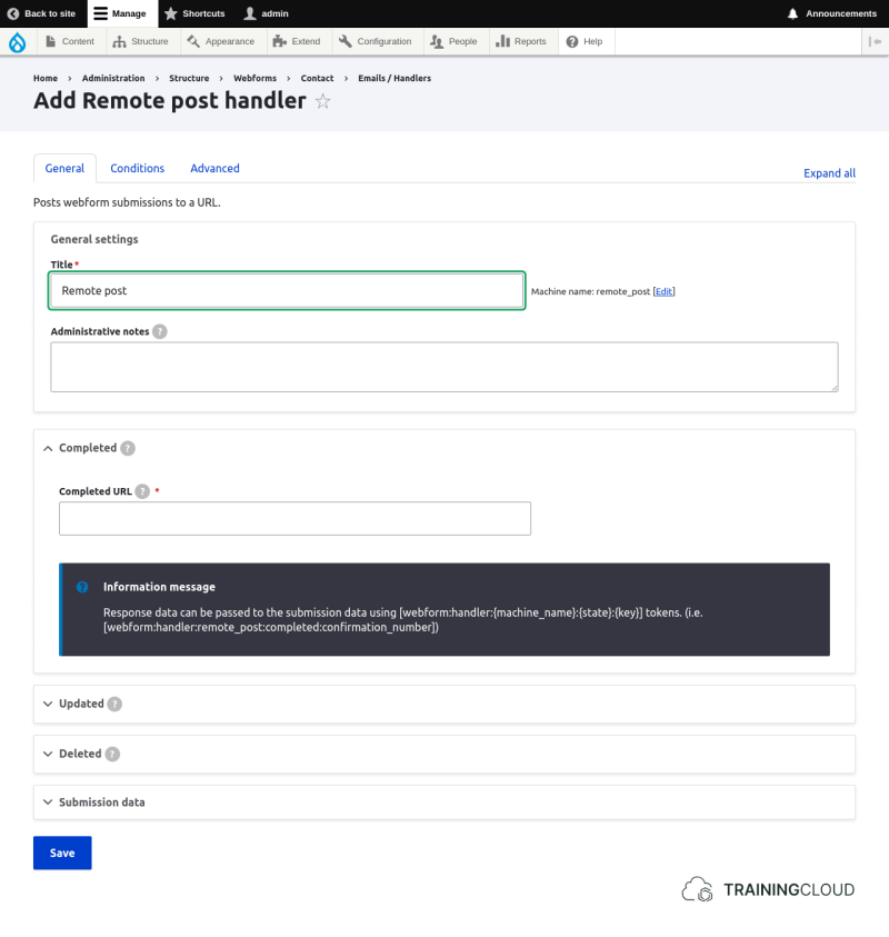 A screenshot of the Add Remote post handler settings in a Drupal 10 webform.