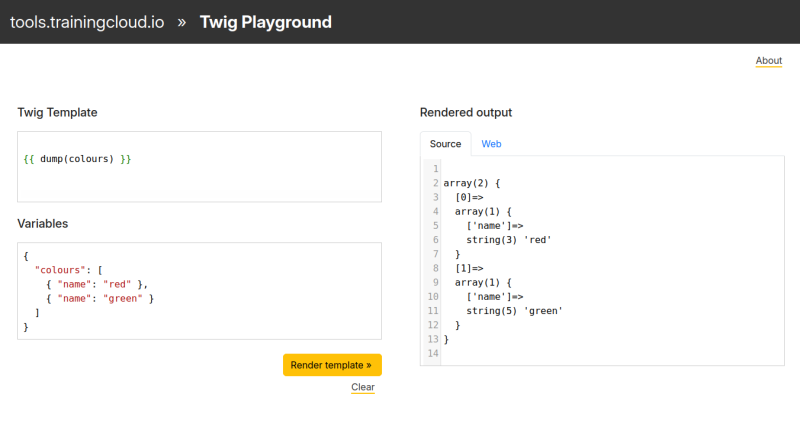 A screenshot of the TrainingCloud Twig Playground tool, showing a twig dump() function. 