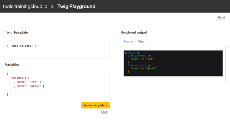 A screenshot of the TrainingCloud Twig Playground tool showing the web view of a twig dump() function.