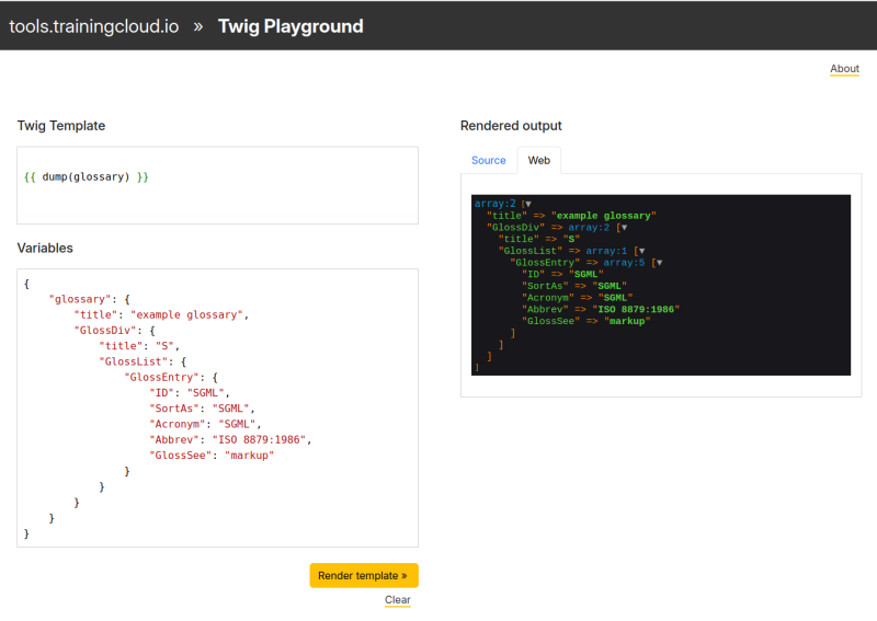 A screenshot of the TrainingCloud Twig Playground tool web output of a twig dump() function.