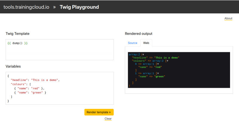 A screenshot of the TrainingCloud Twig Playground tool web output of a twig dump() function.