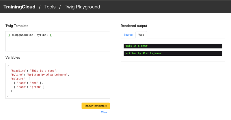 A screenshot of the TrainingCloud Twig Playground tool web output of a twig dump() function dumping the available variables.