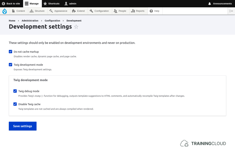 A screenshot of the Development Settings page in Drupal 10.