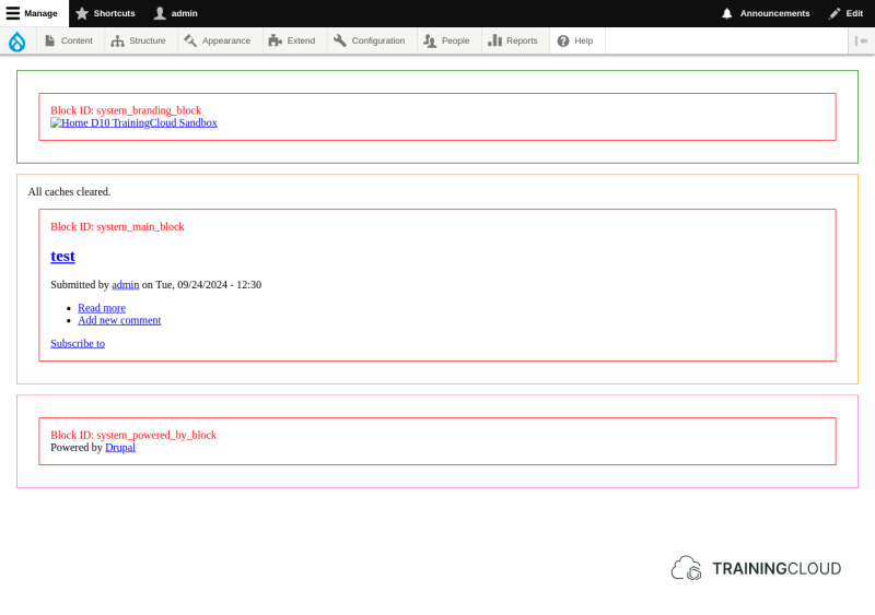 A screenshot of a Drupal 10 front page, using a custom theme that highlights the regions, that has had its caches flushed.