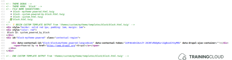 A screenshot of source of the Powered by Drupal block on the front page using a custom theme.