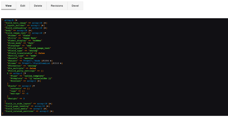 A screenshot of the output of a twig dump() in Drupal.