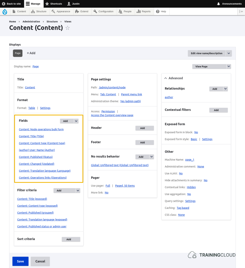 A screenshot of the Drupal 10 content view with the fields section highlighted.