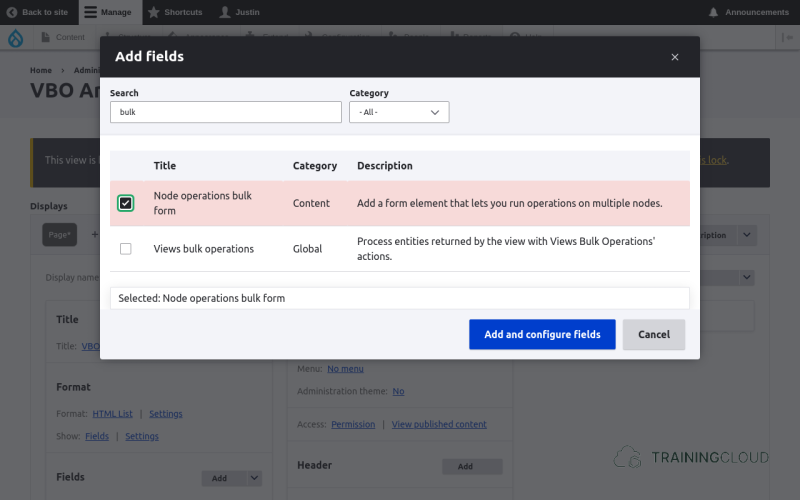 A screenshot of a custom view using the Views Bulk Operations module in Drupal 10.