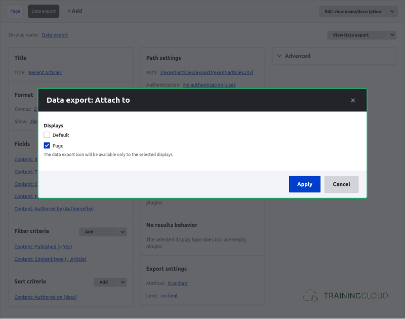 A screenshot of a Data export modal on a custom Drupal 10 view.