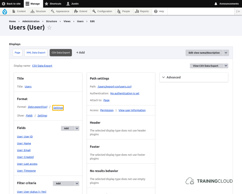 A screenshot of a custom view configuration page, with a settings option highlighted.