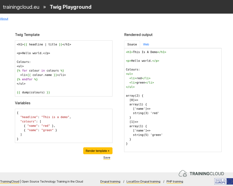 A screenshot of the TrainingCloud Twig Playground tool.