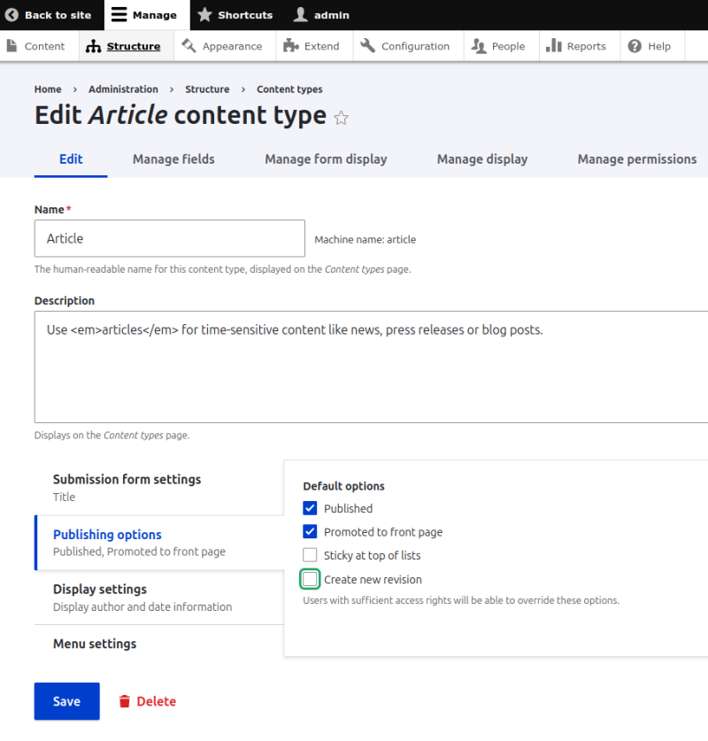 Article content type publishing options with the "create new revision" highlighted.
